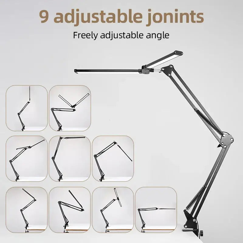 Black metal double head led usb table lamp with 9 adjustable joints for flexible angle office desk light