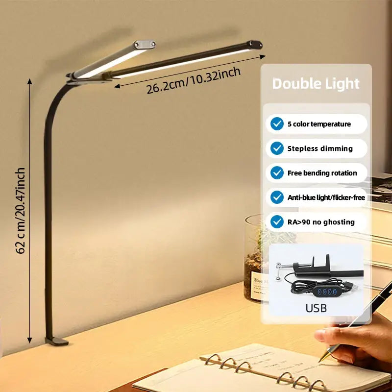 Modern black metal double head led usb table lamp with sleek curved design and adjustable brightness for office desk use