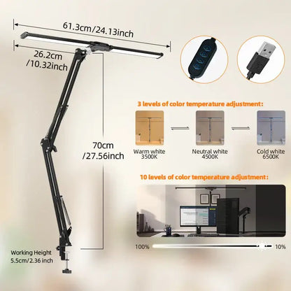 Black adjustable double head led usb table lamp with sleek articulated arm and 3 color temperature settings