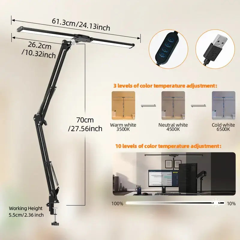 Black adjustable double head led usb table lamp with sleek articulated arm and 3 color temperature settings