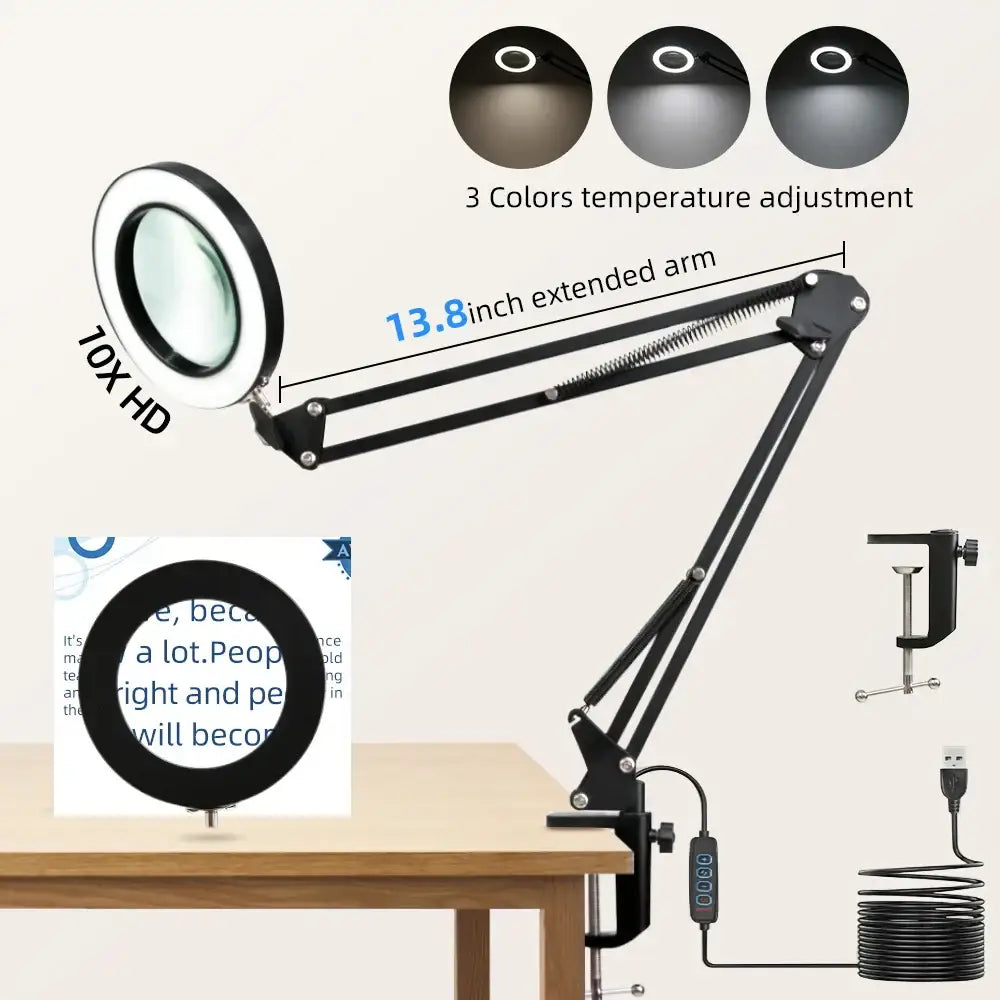 Black adjustable double head led usb table lamp with hd magnifying lamp arm and three color temperature settings