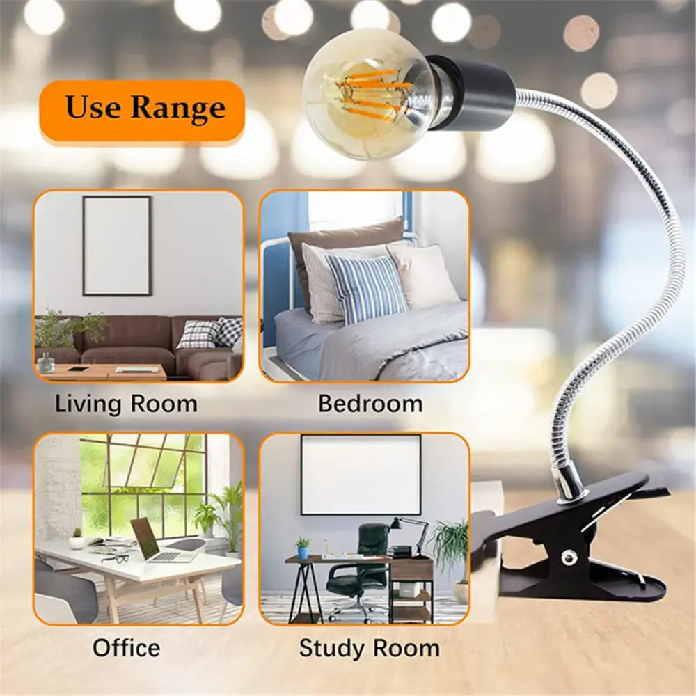 Black adjustable gooseneck clip lamp holder with flexible arm and Edison-style bulb for bedroom desk lighting decorbites adjustable gooseneck