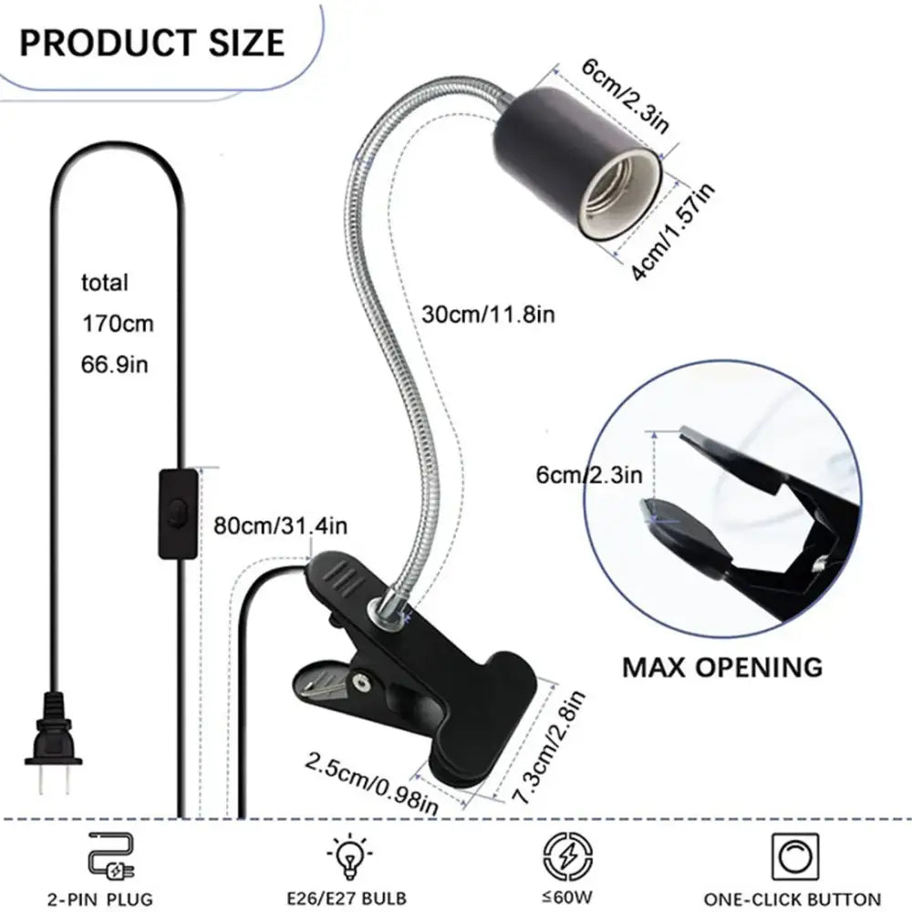 Black adjustable gooseneck clip lamp holder with e26 e27 socket for bedroom desk light by decorbites adjustable gooseneck