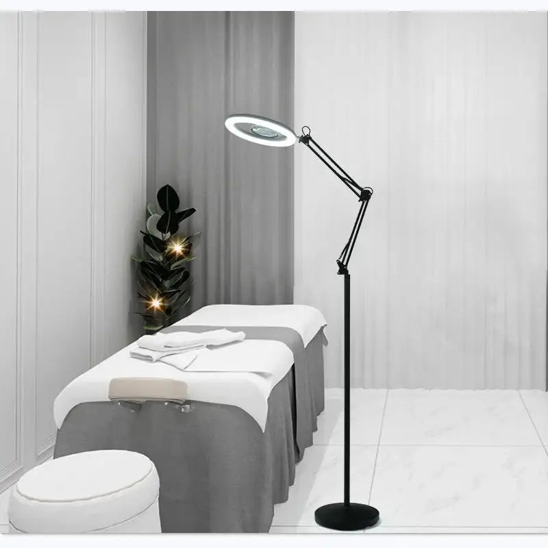 Black adjustable floor lamp with circular 25w led moon beauty light head for bedroom illumination