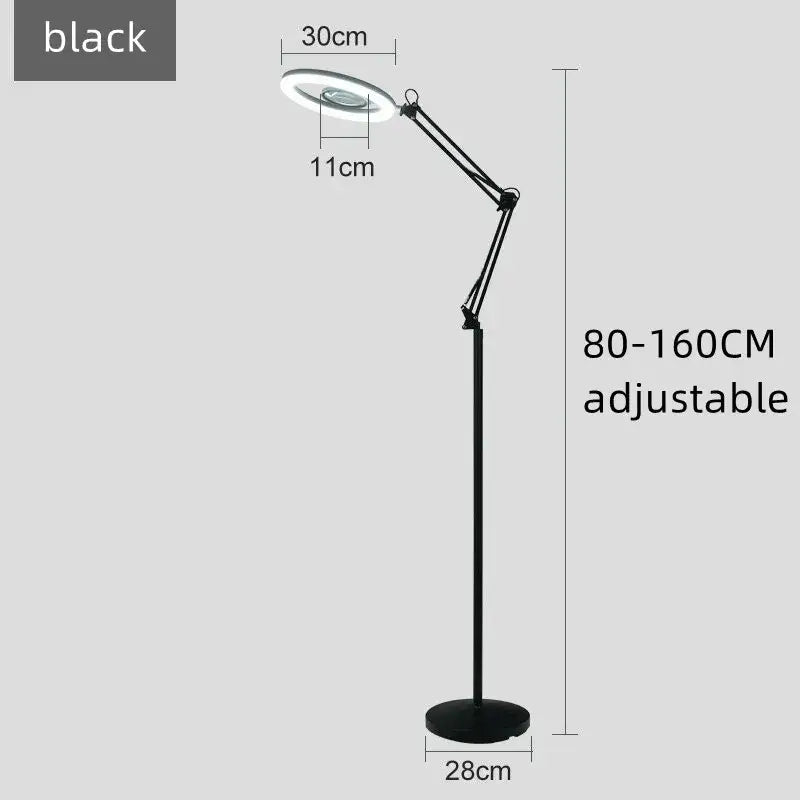 Black adjustable floor lamp with circular 25w led moon light head and articulated arm for beauty light use