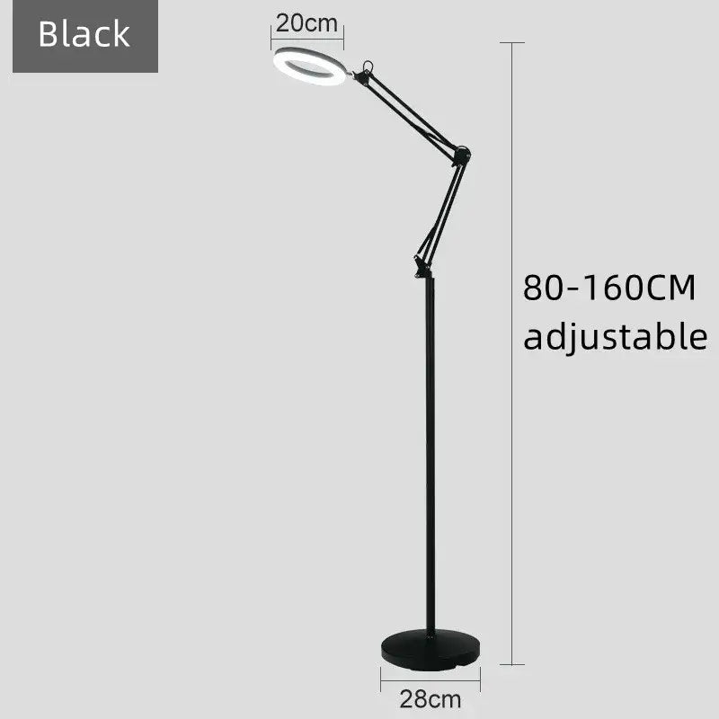 Black adjustable led moon beauty light bedroom floor lamp with 20cm circular light head and extendable arm