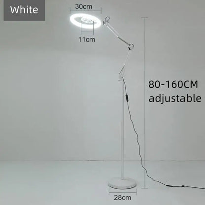 White adjustable floor lamp with circular led moon beauty light head and articulated arm for bedroom lighting