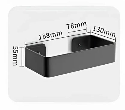Black aluminum corner double tier shelf with sleek metallic finish and two mounting brackets for bathroom storage by decorbites