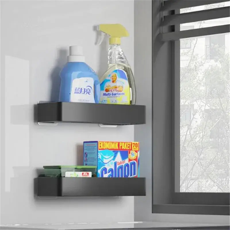 Black aluminum corner double tier shelf by decorbites holding cleaning supplies for aluminum corner bathroom storage