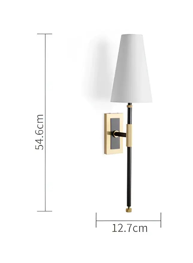 A sleek black and brass copper cloth led wall lamp with a white conical shade for bedroom reading