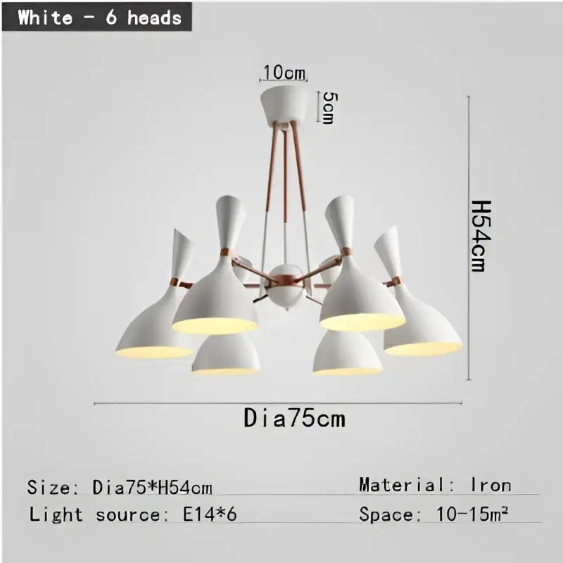 White six-head nordic led multiple head chandelier with iron construction and copper-toned accents for living room