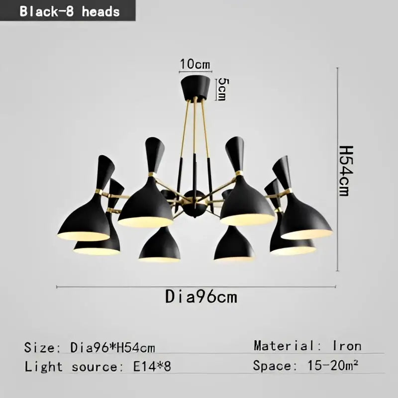 Black and brass nordic led multiple head chandelier with eight conical lamp heads for living room lighting