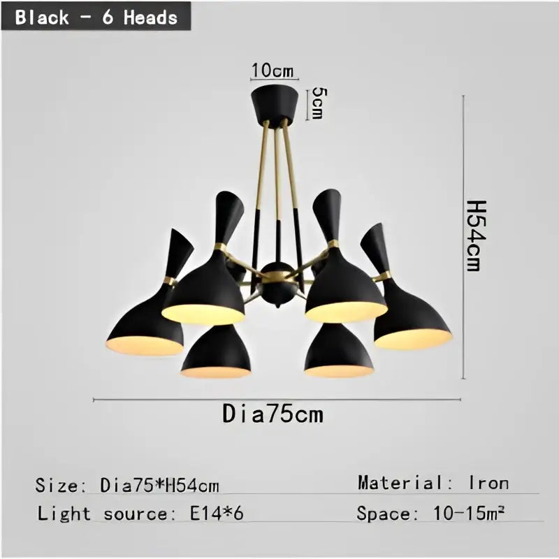Black iron and brass nordic led multiple head chandelier with six conical lamps for living room lighting