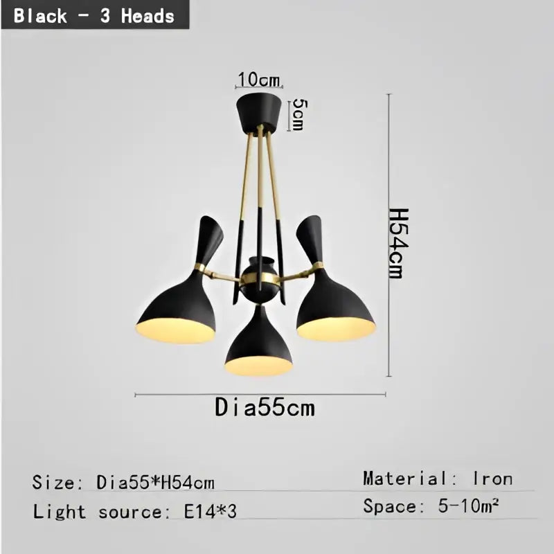 Black iron and brass nordic led multiple head chandelier with three sleek downward-facing lamps for living room use