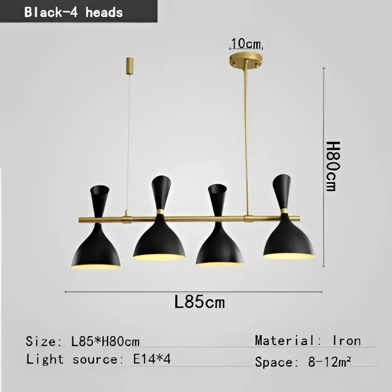 Black and brass nordic led multiple head chandelier with black matte iron shades and central brass rod for living room