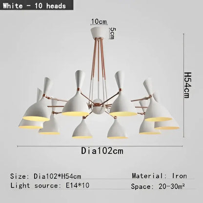White iron nordic led multiple head chandelier with ten conical lamp heads for living room lighting