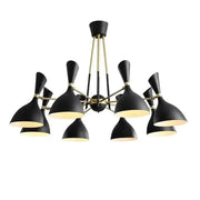 Black and brass nordic led multiple head chandelier with matte finish and conical shades for living room use