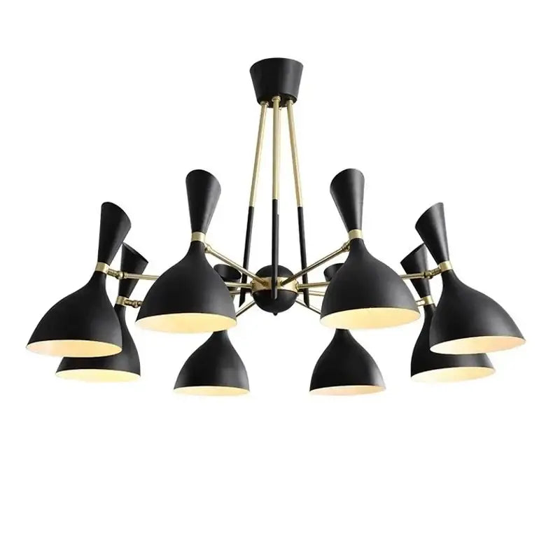 Black and brass nordic led multiple head chandelier with matte finish and conical shades for living room use