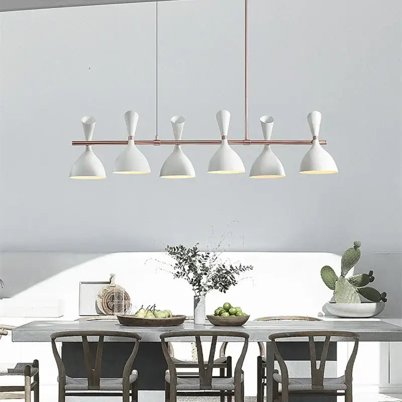 Modern white ceramic nordic led multiple head chandelier with copper-toned bar and five bell-shaped shades for living room