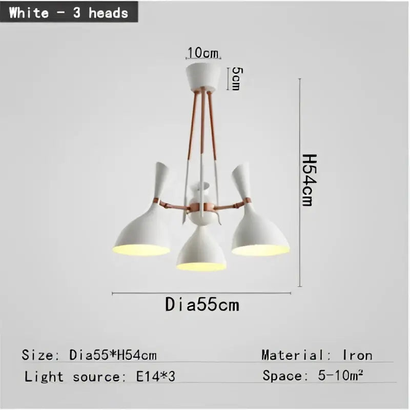 White three-head ceiling light with iron construction and copper accents in a nordic led multiple head chandelier design