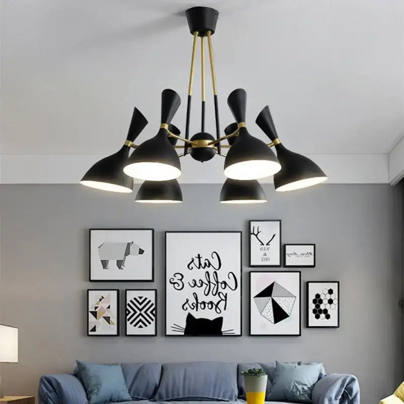 Black and brass nordic led multiple head chandelier with conical shades for living room lighting