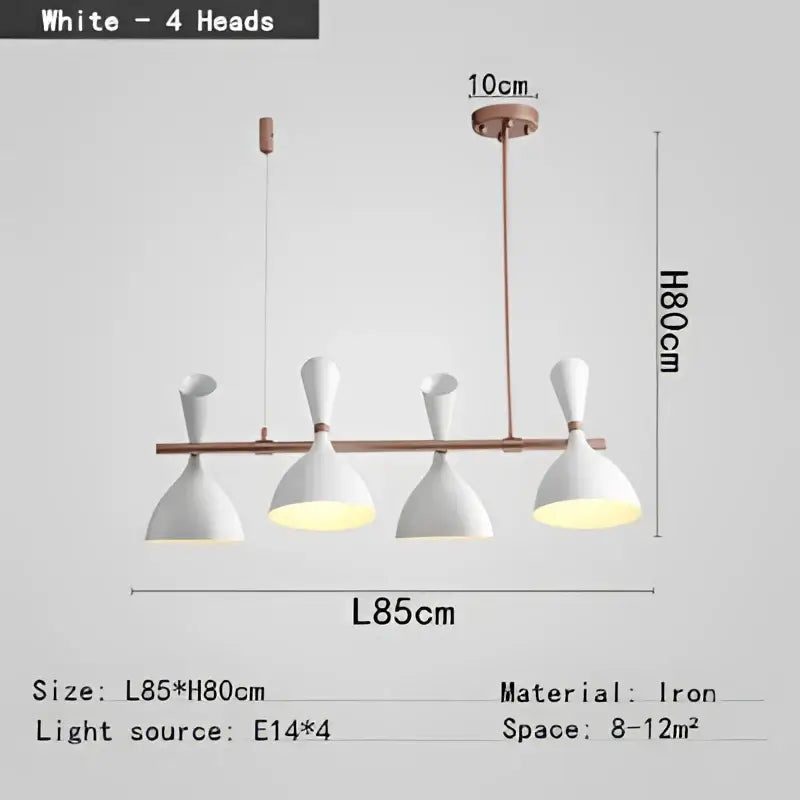 White iron pendant nordic led multiple head chandelier with four conical shades and central horizontal bar for living room