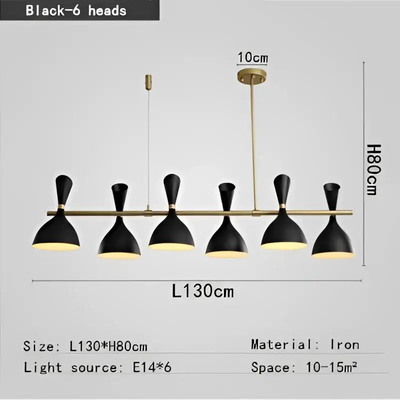 Black iron and brass nordic led multiple head chandelier with six sleek bell-shaped lamp heads for living room use
