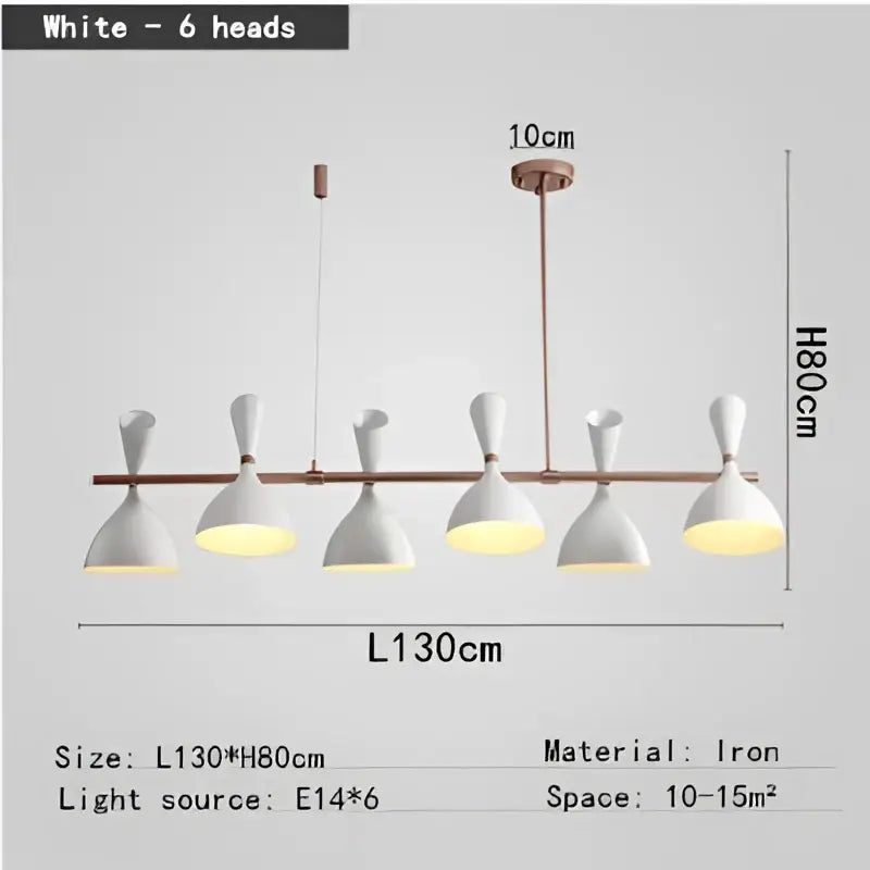 White six-head modern pendant light with iron construction featured in black and brass nordic led multiple head chandelier