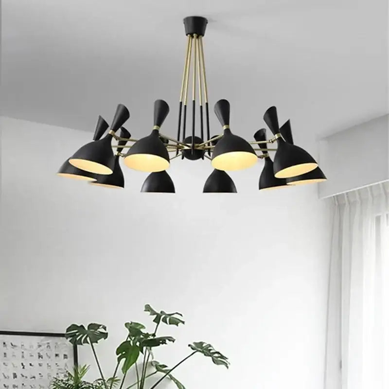 Black and brass nordic led multiple head chandelier with matte finish and conical lampshades for living room lighting