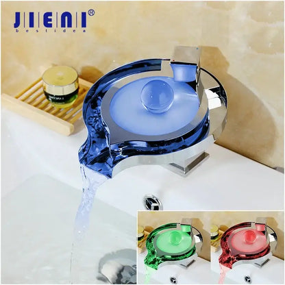Blue chrome decorbites brass led waterfall basin faucet with spherical centerpiece and dual-tone design for bathroom sink