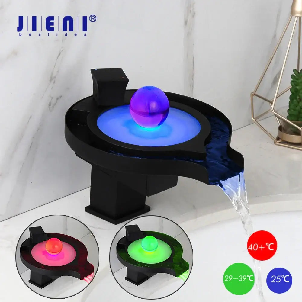 Black and chrome decorbites brass led waterfall basin faucet with glowing purple sphere and adjustable temperature settings