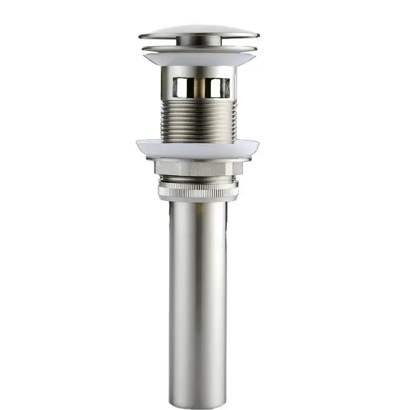 Stainless steel bathroom sink drain with white plastic parts and brushed nickel faucet in black and chrome design