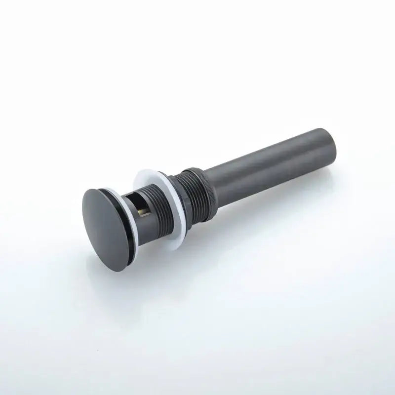 Black matte-finish bathroom sink drain with white gasket and threaded stem for brushed nickel faucet decorbites collection