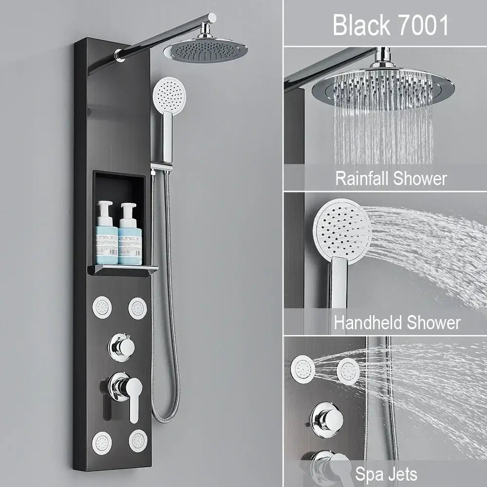 Black and chrome rainfall shower panel with handheld showerhead featuring chrome accents for bathroom decorbites rainfall shower