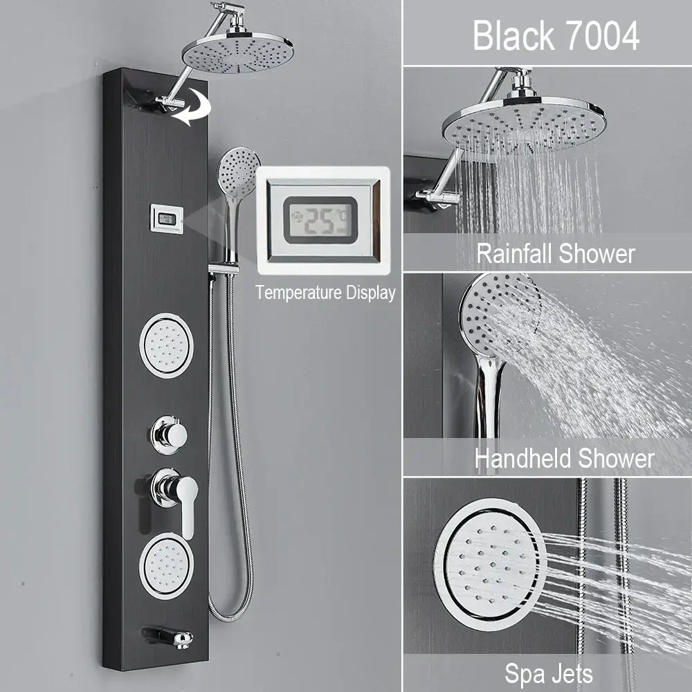 Black and chrome shower panel with rainfall shower system chrome fixtures and digital temperature display decorbites rainfall shower