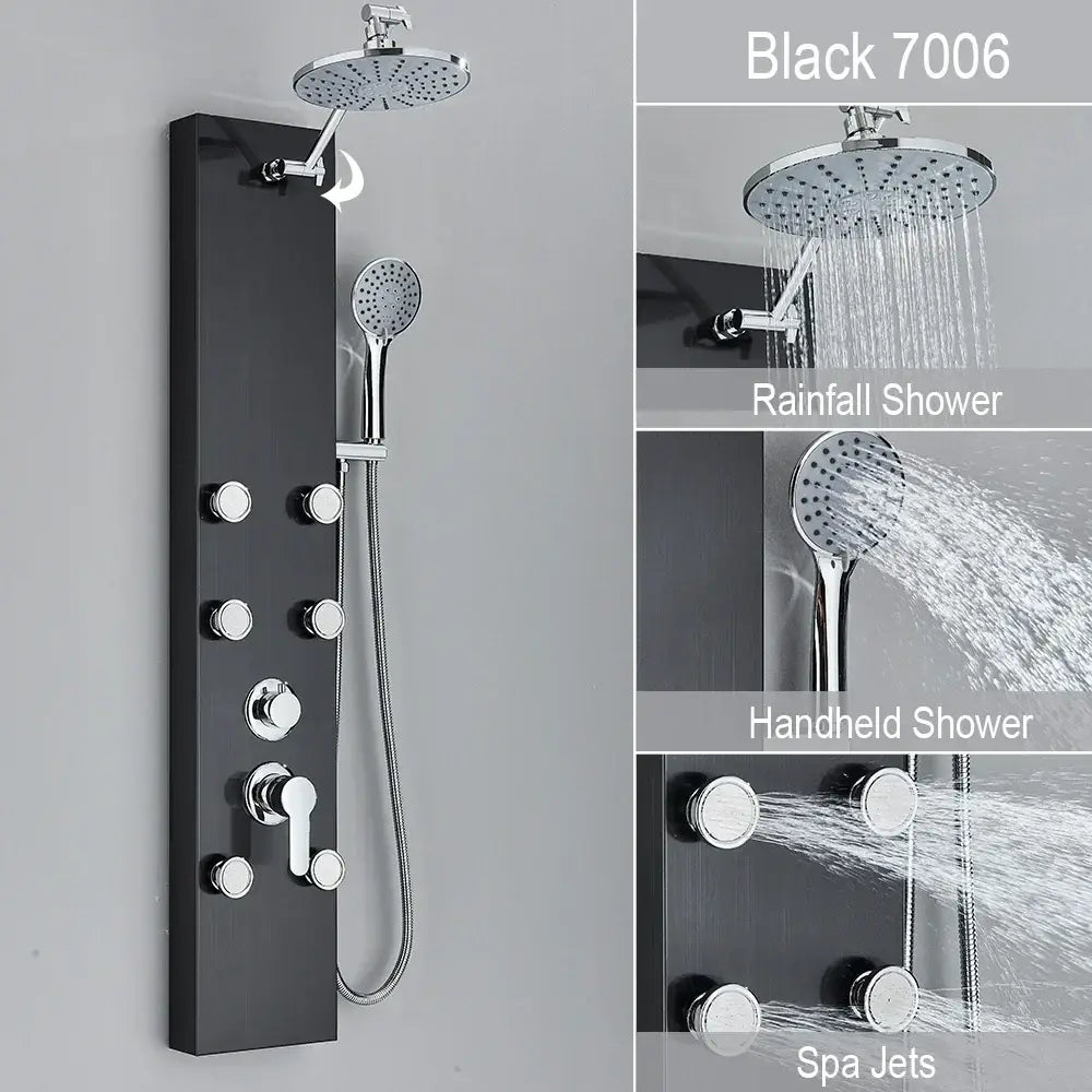 Black and chrome shower panel featuring black 7006 rainfall shower, chrome handheld heads, spa jets, and control knobs for decorbites rainfall shower