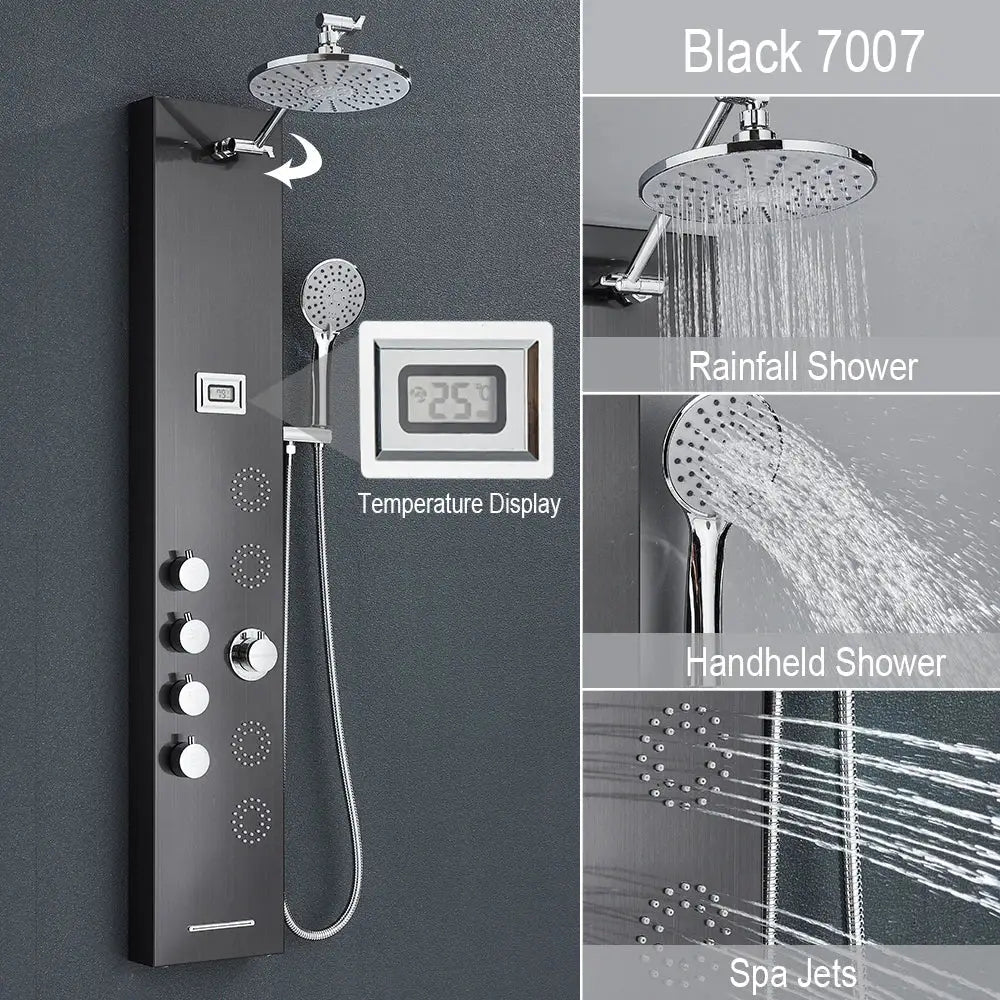 Black 7007 rainfall shower panel with chrome accents and digital temperature display for decorbites rainfall shower