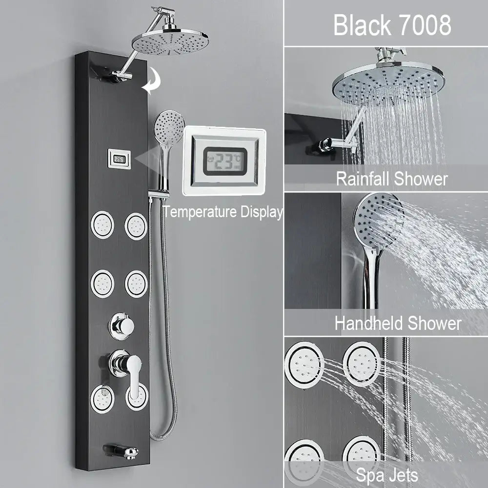Black and chrome shower panel with rainforest shower and digital temperature display for decorbites rainfall shower bathroom storage rack
