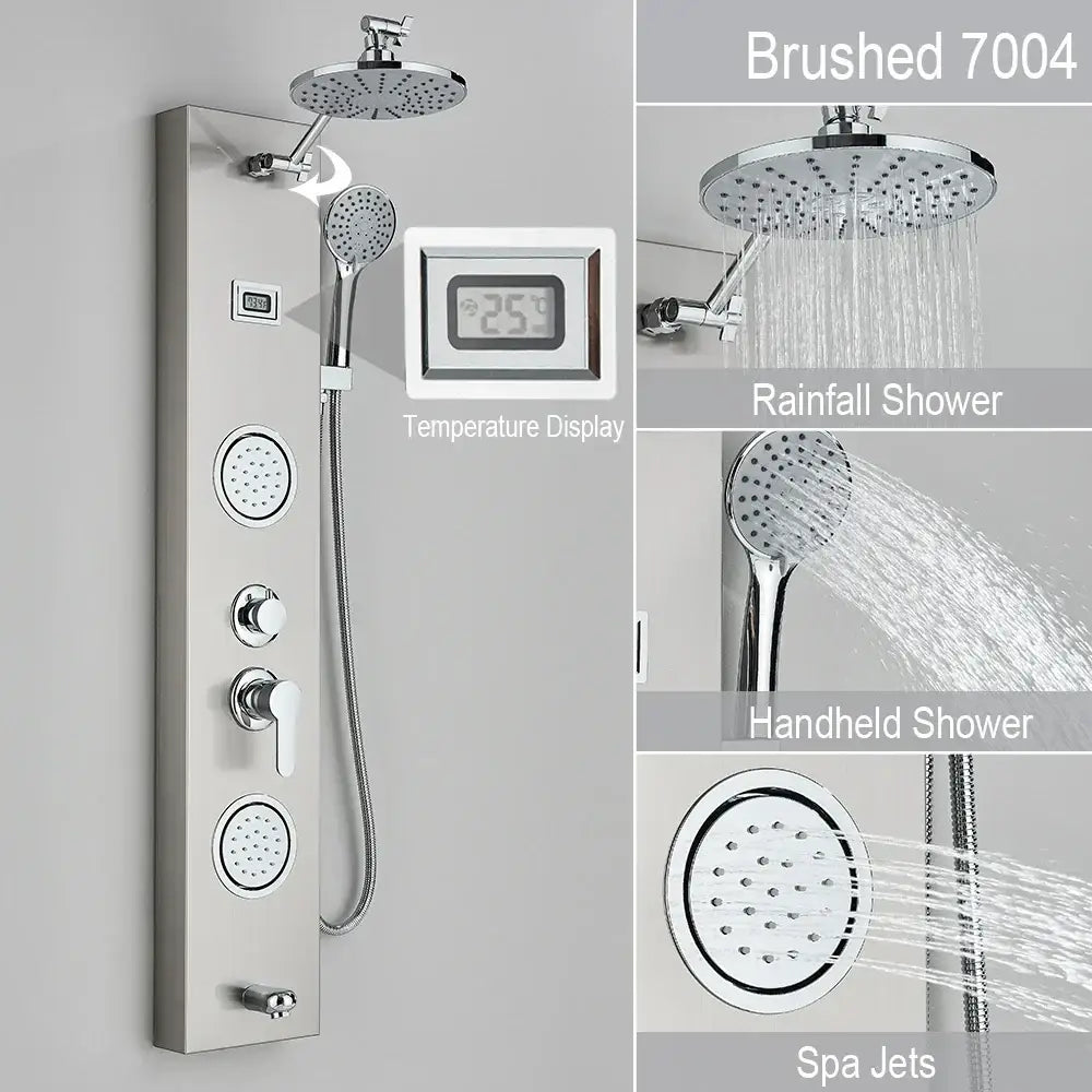 Black and chrome rainfall shower panel bathroom storage rack with brushed stainless steel 7004 rainforest shower panel and digital temperature display