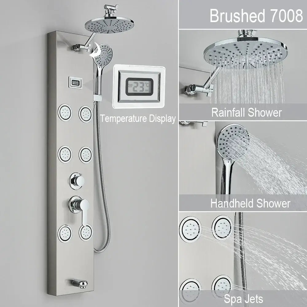 Brushed stainless steel black and chrome rainfall shower panel with multiple spray heads and digital temperature display for decorbites rainfall shower