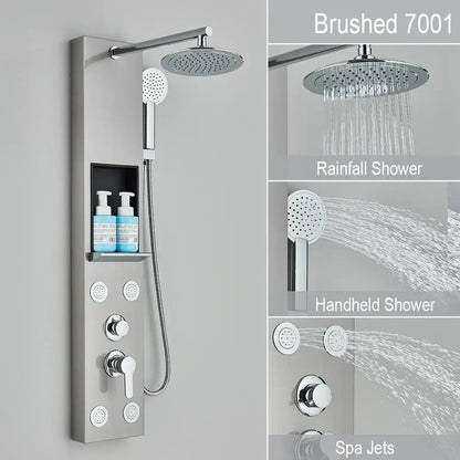 Brushed stainless steel shower panel in black and chrome with rainfall shower head handheld and spa jets by decorbites rainfall shower