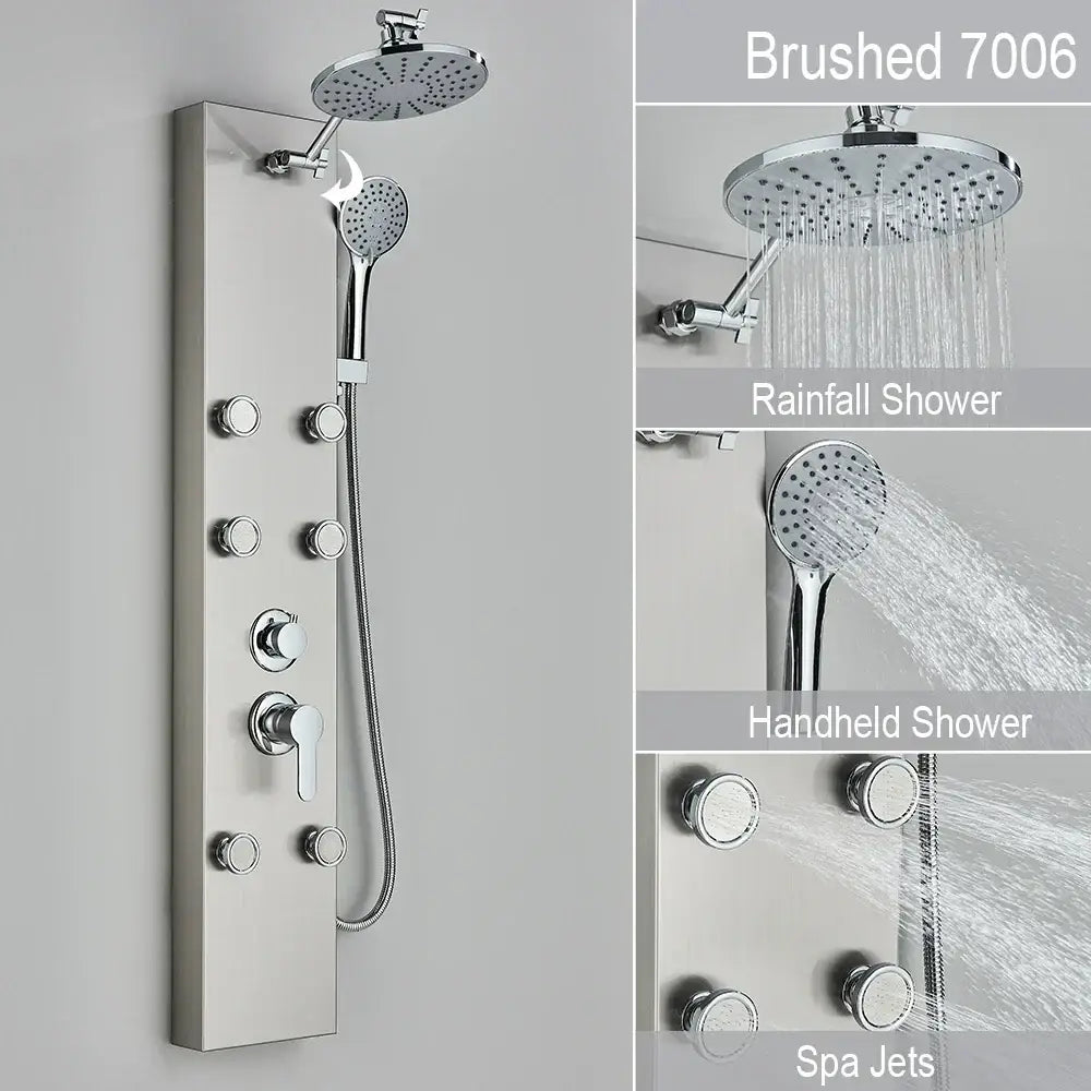 Brushed stainless steel black and chrome rainfall shower panel with rain shower head handheld showerhead and spa jets decorbites rainfall shower