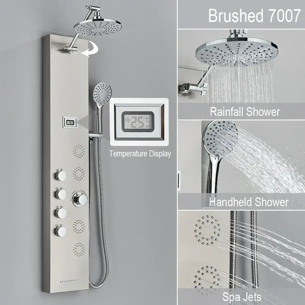 Brushed stainless steel black and chrome rainfall shower panel with temperature display handheld and spa jets decorbites rainfall shower