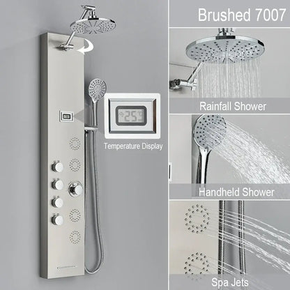 Brushed stainless steel black and chrome rainfall shower panel with temperature display handheld and spa jets decorbites rainfall shower
