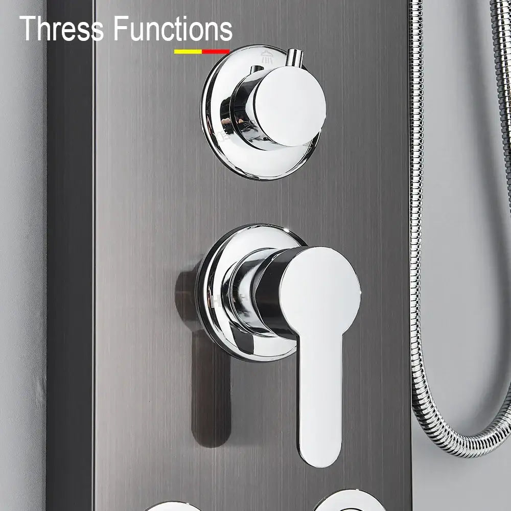 Black and chrome rainfall shower panel with chrome finished control panel and brushed steel knobs for decorbites rainfall shower