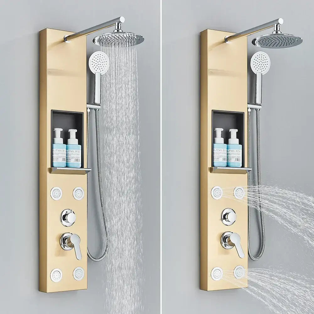 Gold-finished shower panel with rainfall showerhead, handheld sprayer, and shelf holding blue bottles for decorbites rainfall shower