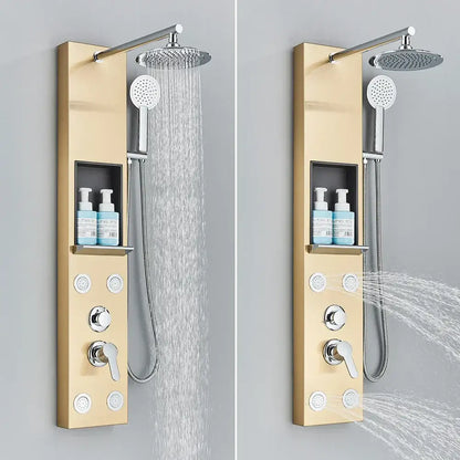 Gold-finished shower panel with rainfall showerhead, handheld sprayer, and shelf holding blue bottles for decorbites rainfall shower