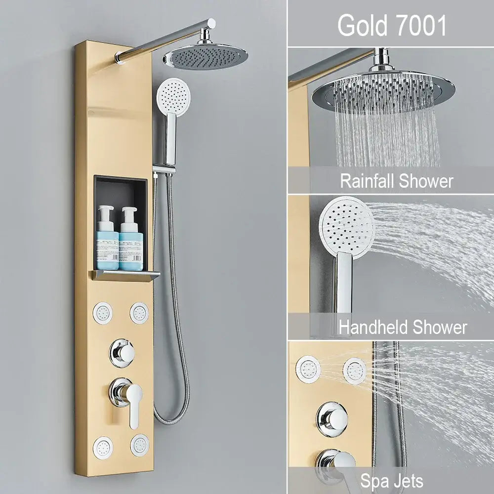Gold 7001 rainfall shower system with brushed gold finish and chrome accents featured on black and chrome shower panel decorbites rainfall shower