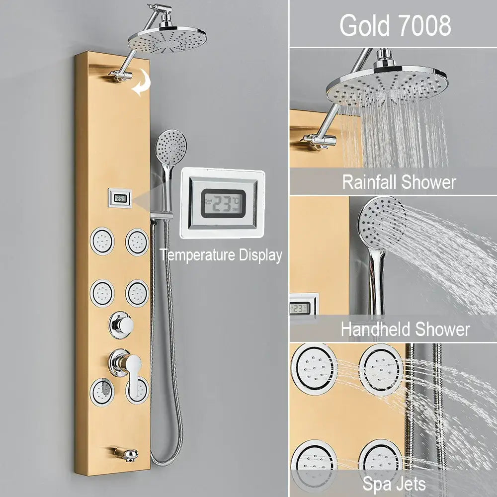 Gold-finished shower panel with multiple spray heads digital temperature display and integrated controls for decorbites rainfall shower