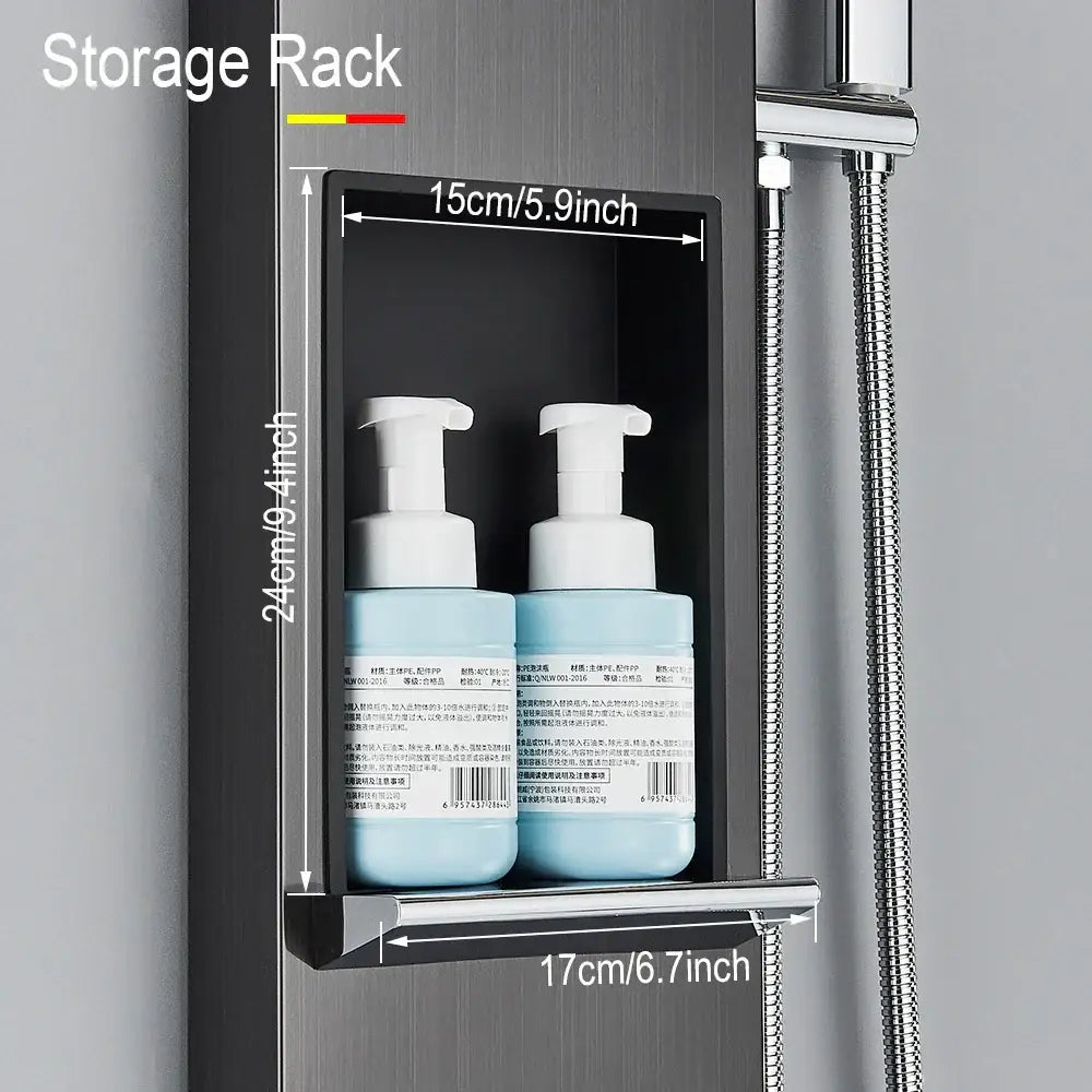 Black metal shower storage rack with two light blue pump bottles in decorbites rainfall shower panel bathroom setup